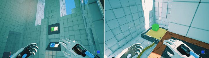 Ponownie wyciągnij zieloną kostkę, która tym razem przeleci na drugi koniec pomieszczenia i spadnie na drugi duży przycisk - Chapter 6 - Fragile Dreams - Solucja Q.U.B.E. 2 - Q.U.B.E. 2 - poradnik do gry