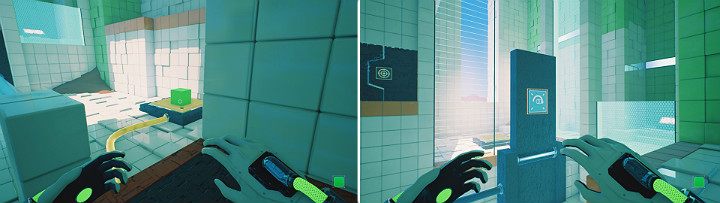 Gdy wyciągniesz zieloną kostkę z panelu, spadnie ona na duży przycisk uruchamiając windę - Chapter 6 - Fragile Dreams - Solucja Q.U.B.E. 2 - Q.U.B.E. 2 - poradnik do gry