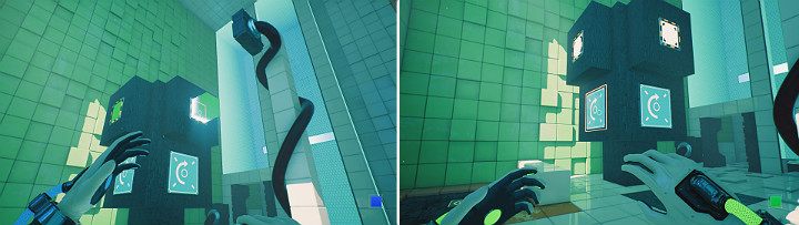 Teraz musisz wyczekać odpowiedni moment, gdy zielona kostka będzie w powietrzu i na górnym panelu włączyć niebieską kostkę - Chapter 6 - Fragile Dreams - Solucja Q.U.B.E. 2 - Q.U.B.E. 2 - poradnik do gry