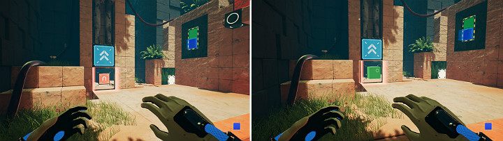 Obniż suwnicę z magnesem do partery, a następnie stwórz na bocznym panelu zieloną i niebieską kostkę - Chapter 8 - The Fall of Man - Solucja Q.U.B.E. 2 - Q.U.B.E. 2 - poradnik do gry