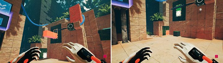 Na bocznym panelu stwórz na dole pomarańczową kostkę, a u góry zieloną - Chapter 8 - The Fall of Man - Solucja Q.U.B.E. 2 - Q.U.B.E. 2 - poradnik do gry