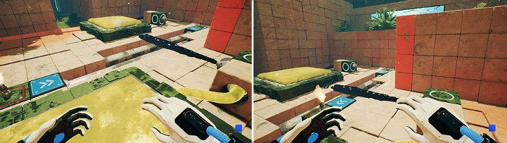 Stań na dużym przycisku, jak pokazano na pierwszym obrazku, po czym aktywuj suwnicę znajdującą się z lewej strony - Chapter 8 - The Fall of Man - Solucja Q.U.B.E. 2 - Q.U.B.E. 2 - poradnik do gry