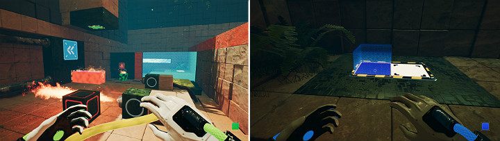 Pomarańczowa kostka zajmie się ogniem, po czym podpali i przesunie do przodu zieloną kostkę, a ta otworzy drzwi - Chapter 8 - The Fall of Man - Solucja Q.U.B.E. 2 - Q.U.B.E. 2 - poradnik do gry