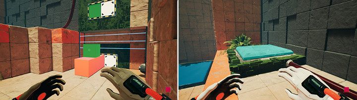 Stwórz schodki, jak pokazano na pierwszym obrazku, a następnie wskocz na podwyższenie i aktywuj duży przycisk - Chapter 8 - The Fall of Man - Solucja Q.U.B.E. 2 - Q.U.B.E. 2 - poradnik do gry