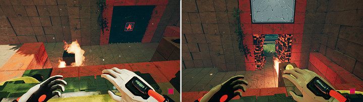 W momencie, gdy zielona kostka zacznie się palić musisz przejść na drugi przycisk, aby uruchomić ropę, która stworzy miotacz ognia - Chapter 8 - The Fall of Man - Solucja Q.U.B.E. 2 - Q.U.B.E. 2 - poradnik do gry