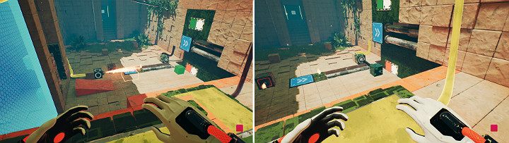 Przesuń podłogową suwnicę w lewą stronę, aby stworzyć płomień, po czym zejdź na dolny przycisk - Chapter 8 - The Fall of Man - Solucja Q.U.B.E. 2 - Q.U.B.E. 2 - poradnik do gry