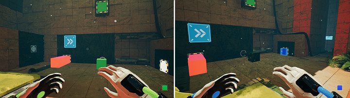 Na górnym panelu stwórz i wysuń zieloną kostkę, a na panelu suwnicy pomarańczową - Chapter 8 - The Fall of Man - Solucja Q.U.B.E. 2 - Q.U.B.E. 2 - poradnik do gry