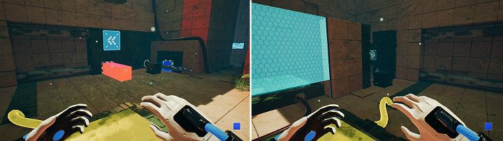 Przesuń suwnicę w prawą stronę, a gdy pomarańczowa kostka popchnie zieloną, natychmiast skasuj pomarańczową - Chapter 8 - The Fall of Man - Solucja Q.U.B.E. 2 - Q.U.B.E. 2 - poradnik do gry