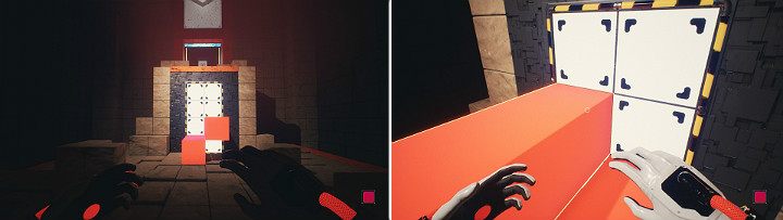 Stwórz z pomarańczowych kostek schody, aby dostać się do drzwi - Chapter 10 - Uncomfortable Truths - Solucja Q.U.B.E. 2 - Q.U.B.E. 2 - poradnik do gry