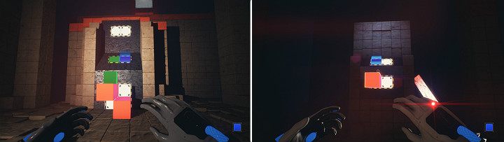 Na dolnym panelu stwórz dwie pomarańczowe kostki, a następnie z panelu powyżej wysuń zieloną kostkę - Chapter 10 - Uncomfortable Truths - Solucja Q.U.B.E. 2 - Q.U.B.E. 2 - poradnik do gry