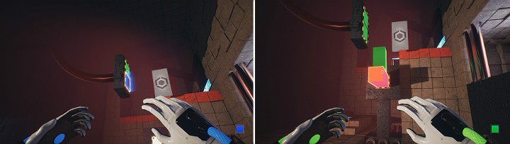 Stań na dużym przycisku i aktywuj suwnicę, po czym na górnym panelu stwórz zieloną kostkę, a niebieską tuż nad nią - Chapter 10 - Uncomfortable Truths - Solucja Q.U.B.E. 2 - Q.U.B.E. 2 - poradnik do gry