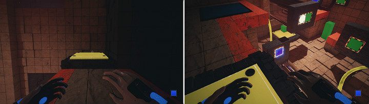 Stań na dużym przycisku i aktywuj na dolnym panelu suwnicy niebieską kostkę - Chapter 10 - Uncomfortable Truths - Solucja Q.U.B.E. 2 - Q.U.B.E. 2 - poradnik do gry