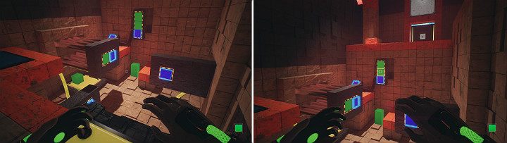 Upewnij się, że suwnica z lewej strony została włączona poprzez zieloną kostkę wysuniętą z lewej strony panelu, a na prawej stronie stwórz niebieską kostkę - Chapter 10 - Uncomfortable Truths - Solucja Q.U.B.E. 2 - Q.U.B.E. 2 - poradnik do gry