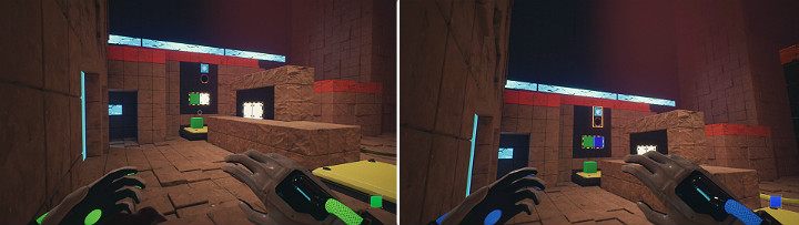 Stojąc w rogu pokoju, na windzie, stwórz z lewej strony panelu ściennego zieloną kostkę i wysuń ją, aby aktywować mechanizm - Chapter 10 - Uncomfortable Truths - Solucja Q.U.B.E. 2 - Q.U.B.E. 2 - poradnik do gry