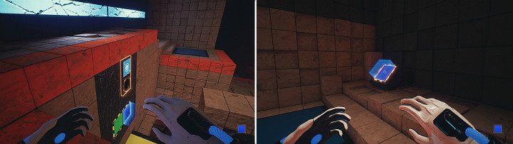 Wysuń kulę z otworu z lewej strony, aby otworzyć drzwi, a następnie przejdź dalej i przeskocz na druga stronę pomieszczenia korzystając z niebieskiej kostki - Chapter 10 - Uncomfortable Truths - Solucja Q.U.B.E. 2 - Q.U.B.E. 2 - poradnik do gry