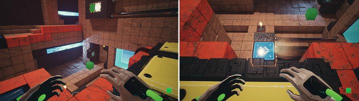 Stwórz zieloną kostkę z lewej strony i zrzuć ją na dół po czym przesuń suwnicę na prawą stronę - Chapter 10 - Uncomfortable Truths - Solucja Q.U.B.E. 2 - Q.U.B.E. 2 - poradnik do gry