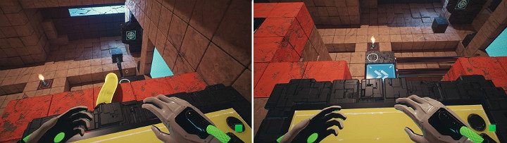 Przejdź na duży przycisk z prawej strony, aby aktywować ropę, a gdy zielona kostka zostanie pokryta cieczą, przesuń suwnice w lewą stronę i stań na drugim przycisku - Chapter 10 - Uncomfortable Truths - Solucja Q.U.B.E. 2 - Q.U.B.E. 2 - poradnik do gry