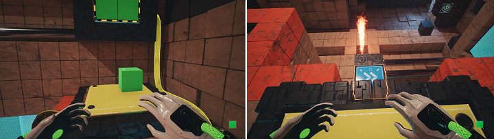 Wysuń zieloną kostkę z prawej strony panelu suwnicy, aby wcisnąć przycisk - Chapter 10 - Uncomfortable Truths - Solucja Q.U.B.E. 2 - Q.U.B.E. 2 - poradnik do gry