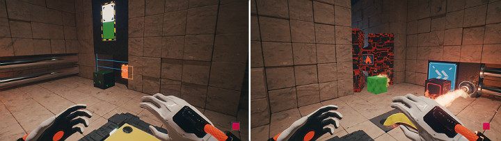 Za zieloną kostką stwórz pomarańczową i wysuń ją, aby popchnąć zieloną kostkę do przodu - Chapter 10 - Uncomfortable Truths - Solucja Q.U.B.E. 2 - Q.U.B.E. 2 - poradnik do gry