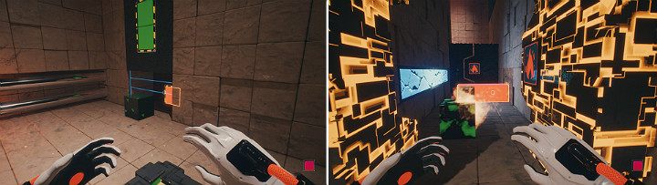 Nie schodząc z przycisku wysuń pomarańczową kostkę, aby przepchnąć zieloną do korytarza - Chapter 10 - Uncomfortable Truths - Solucja Q.U.B.E. 2 - Q.U.B.E. 2 - poradnik do gry