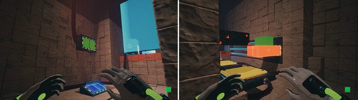 Na górnym panelu stwórz dwie zielone kostki, a na dolnym dwie niebieskie - Chapter 10 - Uncomfortable Truths - Solucja Q.U.B.E. 2 - Q.U.B.E. 2 - poradnik do gry