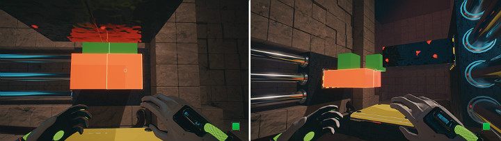 Schowaj pomarańczową kostkę z prawej strony i po chwili wysuń ją ponownie - Chapter 10 - Uncomfortable Truths - Solucja Q.U.B.E. 2 - Q.U.B.E. 2 - poradnik do gry