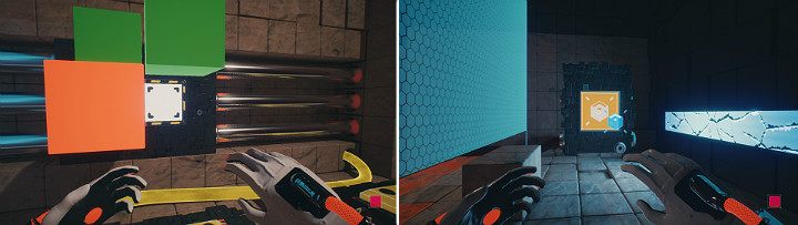 Stań na środkowym przycisku i gdy suwnica znajdzie się w odpowiednim miejscu, skasuj pomarańczową kostkę z prawej strony, aby zielona kostka spadła na przycisk - Chapter 10 - Uncomfortable Truths - Solucja Q.U.B.E. 2 - Q.U.B.E. 2 - poradnik do gry