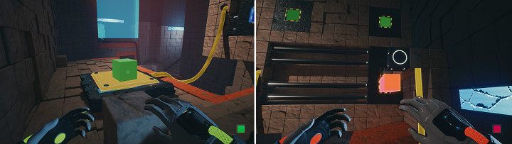 Gdy zielona kostka znajdzie się w odpowiednim miejscu, suwnica przesunie się w prawą stronę - Chapter 10 - Uncomfortable Truths - Solucja Q.U.B.E. 2 - Q.U.B.E. 2 - poradnik do gry