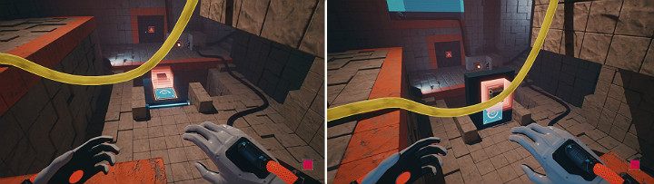 Gdy zielona kostka zostanie przechwycona przez magnes, ustaw ściankę do pozycji pionowej i zamień biegun magnesu na niebieski - Chapter 10 - Uncomfortable Truths - Solucja Q.U.B.E. 2 - Q.U.B.E. 2 - poradnik do gry