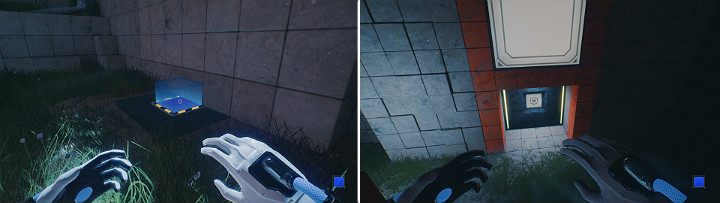 Skorzystaj z niebieskiej kostki, aby wskoczyć na wyższy poziom lokacji po czym wejdź do drzwi z prawej strony - Chapter 10 - Uncomfortable Truths - Solucja Q.U.B.E. 2 - Q.U.B.E. 2 - poradnik do gry