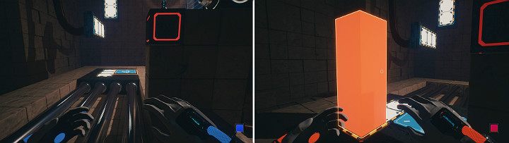 Aktywuj suwnicę, aby przesunęła się w Twoją stronę, a następnie stwórz pomarańczową kostkę z lewej strony - Chapter 10 - Uncomfortable Truths - Solucja Q.U.B.E. 2 - Q.U.B.E. 2 - poradnik do gry