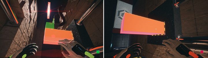 Przesuń górną suwnicę w kierunku panelu, a następnie stwórz na dole dwie pomarańczowe kostki i ustaw na nich dwie zielone - Chapter 10 - Uncomfortable Truths - Solucja Q.U.B.E. 2 - Q.U.B.E. 2 - poradnik do gry