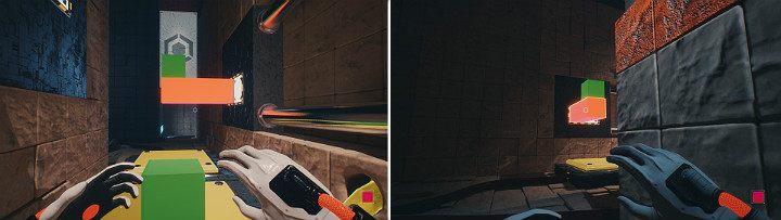 Skasuj bliższą pomarańczową kostkę, a zielona spadnie na przycisk i przesunie suwnicę - Chapter 10 - Uncomfortable Truths - Solucja Q.U.B.E. 2 - Q.U.B.E. 2 - poradnik do gry