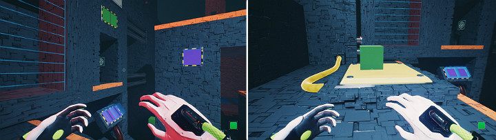 Cofnij się do pierwszego panelu i z prawej strony stwórz zieloną kostkę i niebieską tuż pod nią - Chapter 11 - The Abyss - Solucja Q.U.B.E. 2 - Q.U.B.E. 2 - poradnik do gry