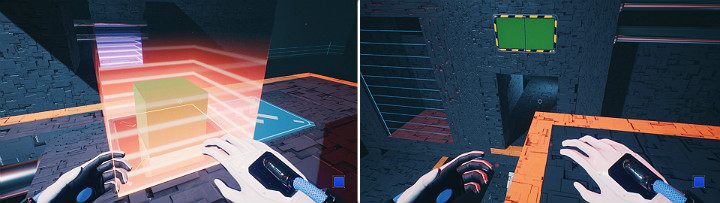 Gdy zielona kostka zostanie złapana przez magnes, wskocz na nią i zamień biegun magnesu na niebieski - Chapter 11 - The Abyss - Solucja Q.U.B.E. 2 - Q.U.B.E. 2 - poradnik do gry