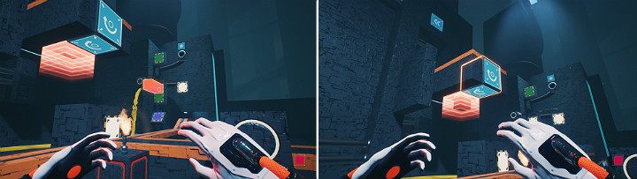 Skasuj pomarańczową kostkę i poczekaj, aż zielona zostanie przechwycona przez magnes, a następnie ustaw ściankę w pozycji pionowej - Chapter 11 - The Abyss - Solucja Q.U.B.E. 2 - Q.U.B.E. 2 - poradnik do gry