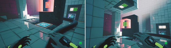 Przesuń suwnicę w lewą stronę, a następnie stwórz zieloną kostkę, która powinna przyczepić się do magnesu - Chapter 7 - The Edge - Solucja Q.U.B.E. 2 - Q.U.B.E. 2 - poradnik do gry