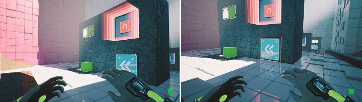 Stwórz zieloną kostkę na panelu z lewej strony, a następnie przesuń suwnicę w lewą stronę - Chapter 7 - The Edge - Solucja Q.U.B.E. 2 - Q.U.B.E. 2 - poradnik do gry