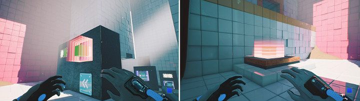 Gdy zmienisz biegun magnesu na niebieski, zielona kostka zostanie wyrzucona do przodu po czym przyciągnie ją kolejny magnes - Chapter 7 - The Edge - Solucja Q.U.B.E. 2 - Q.U.B.E. 2 - poradnik do gry