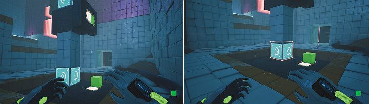 Stwórz na górnym panelu zieloną kostkę i wysuń ją, aby spadła na dół - Chapter 7 - The Edge - Solucja Q.U.B.E. 2 - Q.U.B.E. 2 - poradnik do gry