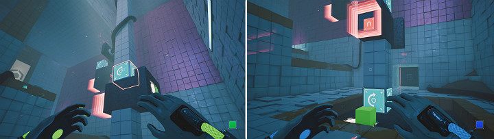 Przesuń górną głowicę w prawo, aby magnes znalazł się nad zieloną kostką - Chapter 7 - The Edge - Solucja Q.U.B.E. 2 - Q.U.B.E. 2 - poradnik do gry