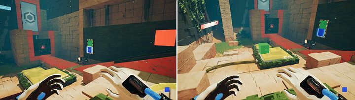 Na panelu suwnicy stwórz zieloną i niebieską kostkę, jak pokazano na pierwszym obrazku - Chapter 9 - Memories of God - Solucja Q.U.B.E. 2 - Q.U.B.E. 2 - poradnik do gry