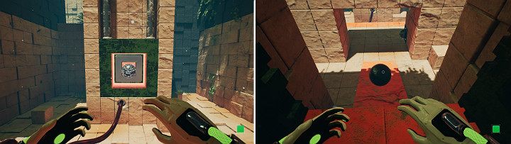 Gdy zielona kostka pokryje się ropą, wskocz na nią i zamień biegun magnesu z kulą na niebieski - Chapter 9 - Memories of God - Solucja Q.U.B.E. 2 - Q.U.B.E. 2 - poradnik do gry