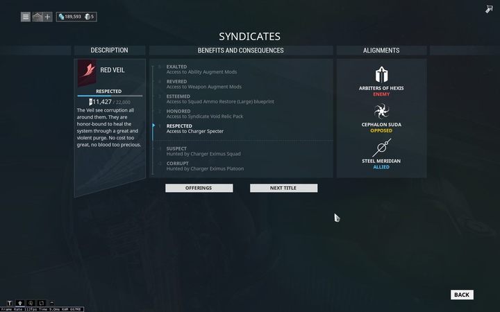 Czerwony Woal (Red Veil) posiada dobre stosunki z Stalowym Meridianem (Steel Meridian) - +50% do reputacji Stalowego Meridianu podczas wykonywania misji Czerwonego Woalu - Warframe - Czerwony Woal - Warframe - poradnik do gry