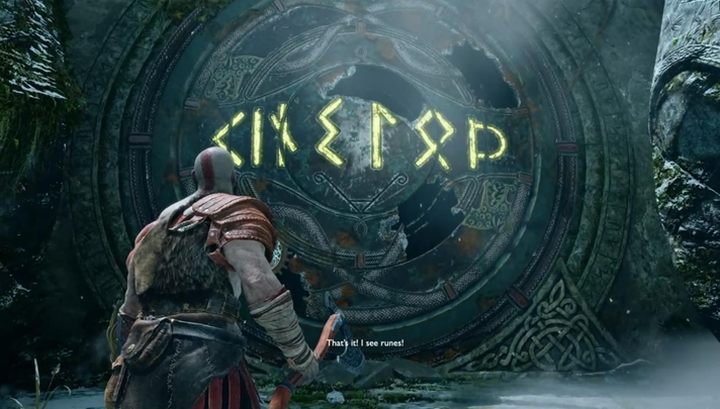 Twoim zadaniem jest strzelić w mechanizmy tak, by stworzyć runę - pożądany efekt końcowy prezentuje powyższy obrazek - God Of War: Droga w kierunku góry - solucja, opis przejścia - God Of War - poradnik do gry