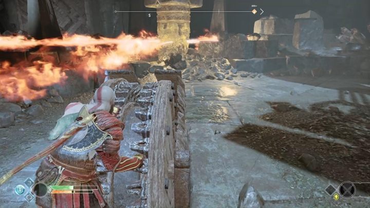 Po walce, podejdź do kołowrotka i wyłącz płomienną pułapkę - God Of War: Wnętrze Góry - solucja, opis przejścia - God Of War - poradnik do gry