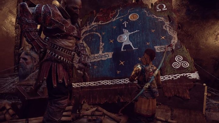 Idź przed siebie, a natkniesz się na fragment Ołtarza Jotunów, który przedstawia Tyra, z przedmiotem umożliwiającym mu podróż między światami - God Of War: Ucieknij z Helheimu - solucja, opis przejścia - God Of War - poradnik do gry