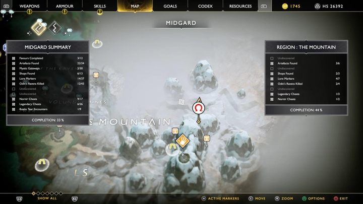 Aby odnaleźć skrzynie Norn, wystarczy otworzyć mapę i spojrzeć na poziom ukończenia danej lokacji - Jak otworzyć skrzynię z runami (skrzynie Norn) w God of War? - God Of War - poradnik do gry