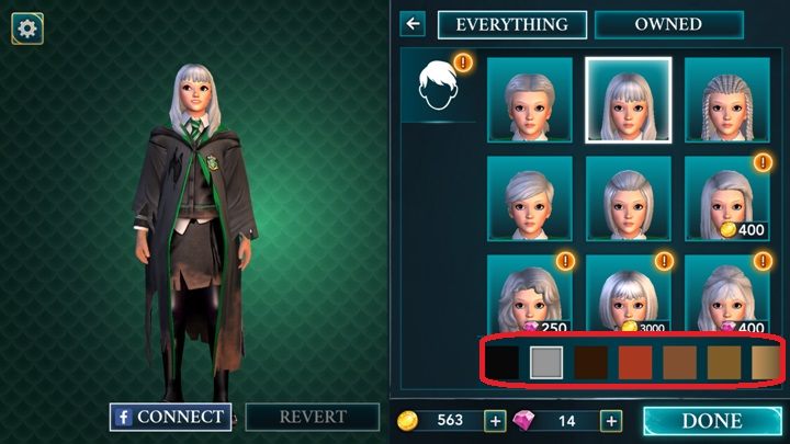Wybierając fryzurę możesz kliknąć w przycisk zaznaczony na screenie i dobrać odpowiedni kolor włosów dla swojego bohatera - Tworzenie postaci w Harry Potter i Tajemnica Hogwartu - Harry Potter i Tajemnica Hogwartu - poradnik do gry
