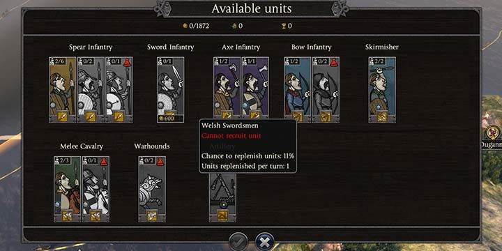 W tym wypadku, mogą zaciągnąć tylko kilka jednostek np. 2 oddziały poborowych włóczników, po jednym oddziału toporników itd. Nie mogą zwerbować mieczników walijskiego oddziału z mieczami. Istnieję 11% szans, że będą dostępni w następnej turze do rekrutacji. - Tworzenie armii i uzupełnianie oddziałów w Total War Saga Thrones of Britannia - Total War Saga Thrones of Britannia - poradnik do gry